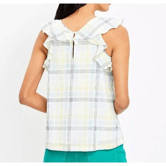 LOFT Women's Plaid Ruffle V-Back Shell Blouse size Small - Picture 2 of 9